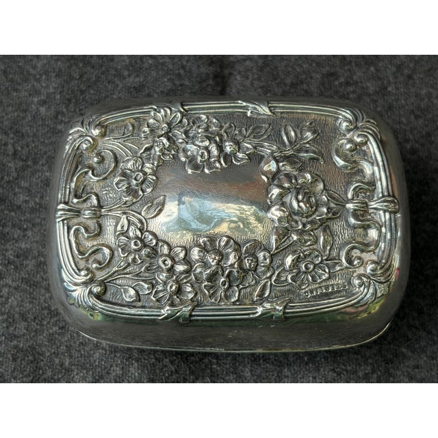 Antique sterling silver Repousee floral lined soap box. Intricate floral design is on both the top and the bottom, both...