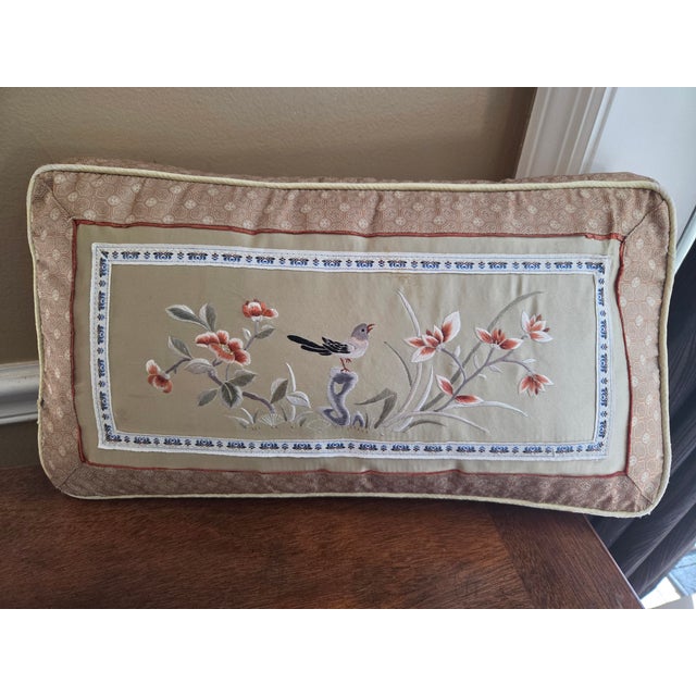 Mid 20th Century Vintage Bird Embroidered Chinese Silk Pillow For Sale - Image 5 of 11