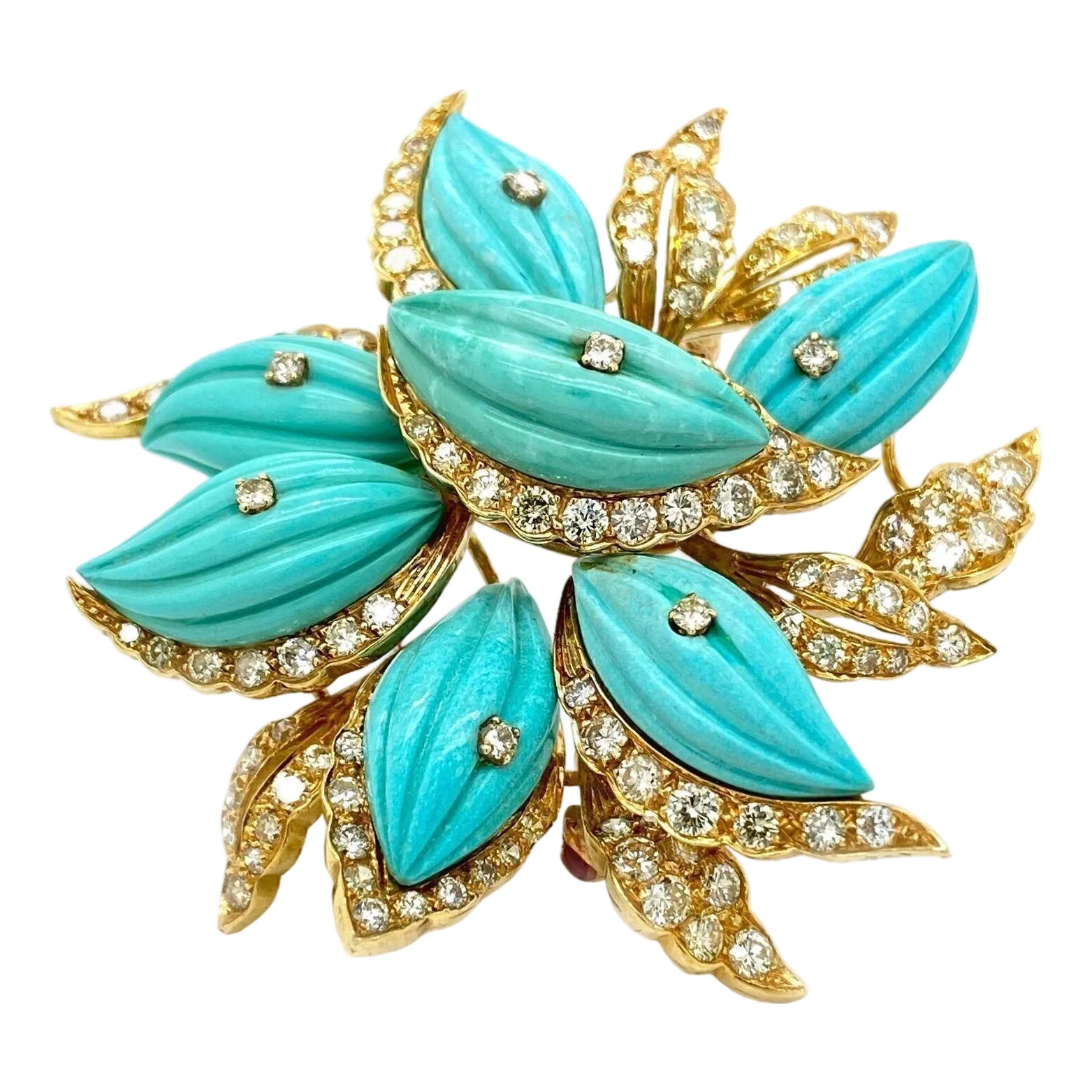 Stunning 4.00ct Diamond Turquoise k Yellow Gold Large Flower Pin Brooch ...