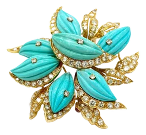 Stunning 4.00ct Diamond Turquoise k Yellow Gold Large Flower Pin Brooch
