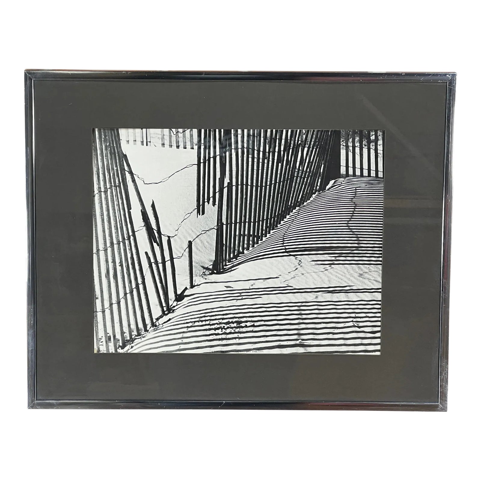 Vintage Framed Black & White Lithograph Print of a Beach Sand Dune Fence