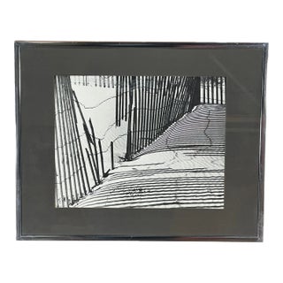 Vintage Framed Black & White Lithograph Print of a Beach Sand Dune Fence For Sale