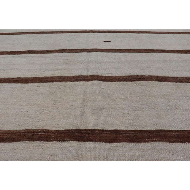 Ivory Vintage Turkish Kilim Rug Ivory Field With Brown Vertical Stripes Wool For Sale - Image 8 of 11