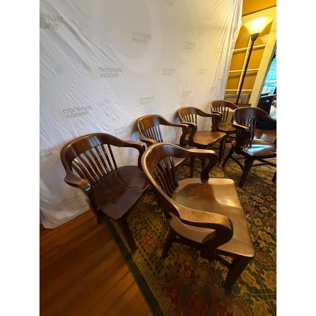 Mid-Century Modern Set of 6 Vintage B. L. Marble Co. Solid Wood Banker’s / Captain’s Chairs (C. 1930s–1940s) For Sale - Image 3 of 16
