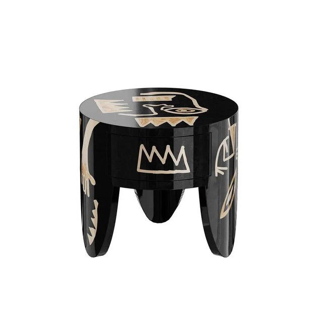 Brooklyn Bedside Table in Abstract Black Yellow Wood and One Drawer by HOMMÉS Studio For Sale - Image 4 of 4