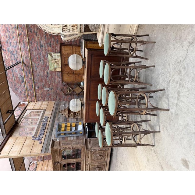 This set of bentwood stools still has its original green velvet seats (shows normal wear and tear; see photos). Very...