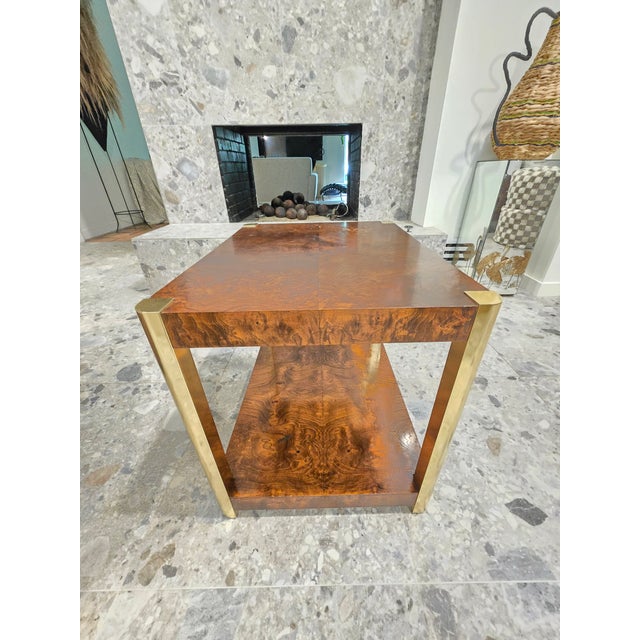 ▪️Beautiful Burl and Golden Brass Tiered Side Table by Century Furniture ▪️Features dark rich real burl walnut wood finish...