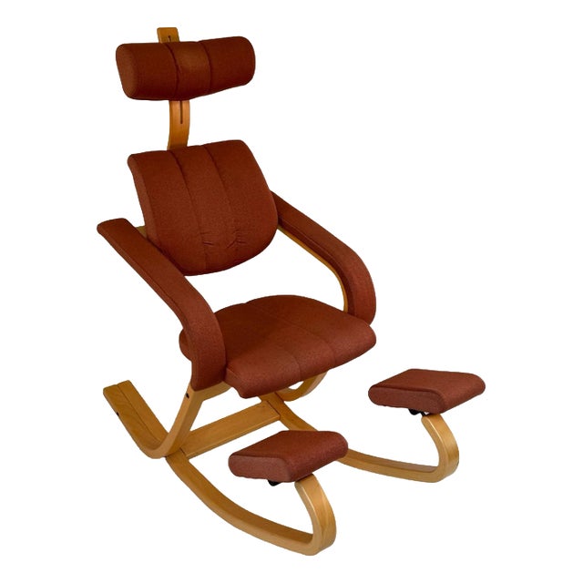 Ergonomically Shaped Rocking Chair in Light Oak and Red Upholstery by Peter Opsvik for Stokke For Sale