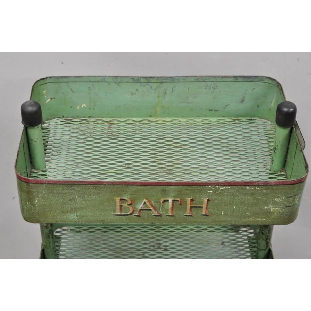 Metal Antique "Bath House 2" Green Painted Metal 3 Tier Rolling Bathroom Trolley Cart For Sale - Image 7 of 12