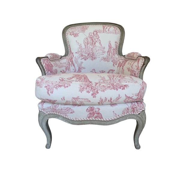 Newly upholstered in a classic vintage pink toile fabric from the South of France . Purchased in France, these elegant...