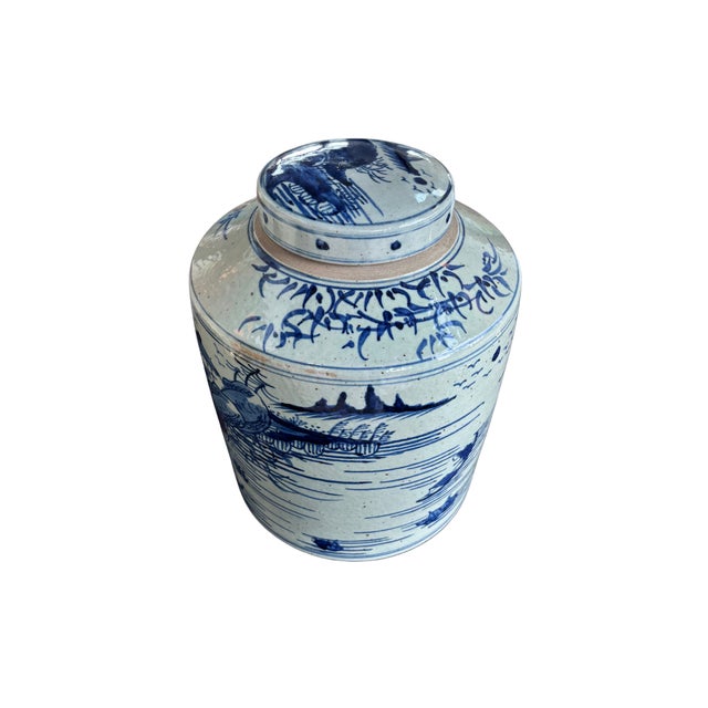 Asian Small Dynasty Tea Jar Landscape Motif For Sale - Image 3 of 3