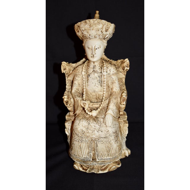 Vintage (1980's) Chinese Empress Statue on Base is made of Faux Ivory - Cast Resin in an Off White Finish. Made in Taiwan....