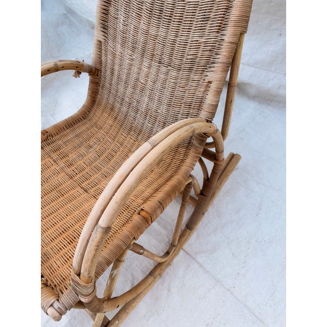 Vintage MCM French Style Rattan Bamboo Wicker Back Rocker For Sale - Image 4 of 8