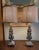 Pair of Uttermost Gia Scrolled Buffet Table Lamps with Shades. Very fine condition and ready to use. WOnderful faux aged...