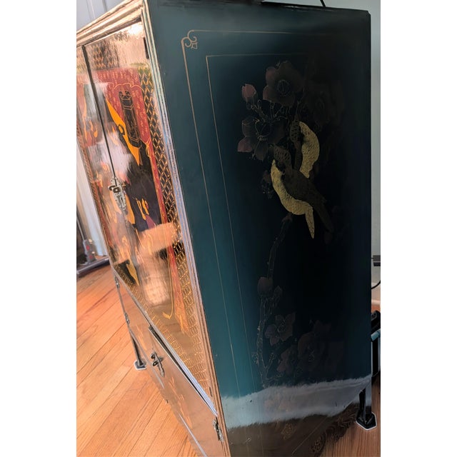 Vintage Chinese Chinoiserie Black Lacquer Armoire Cabinet For Sale - Image 12 of 14