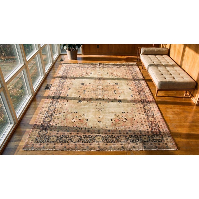 Late 19th Century 1890s Ivory Medallion Antique Persian Tabriz Rug 7'3" X 10'5" Handknotted Wool Carpet For Sale - Image 5 of 7