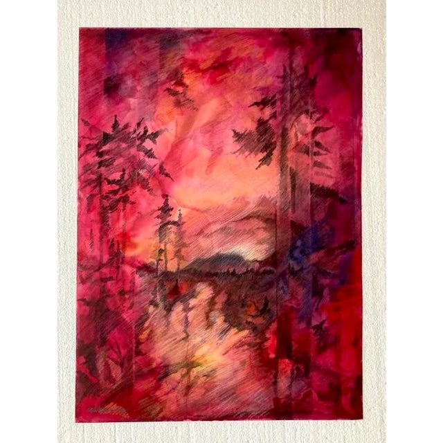 “Red Landscape”, an original semi abstract mixed media painting on archival 12” x 17” Duralar*. Last photos show framing...