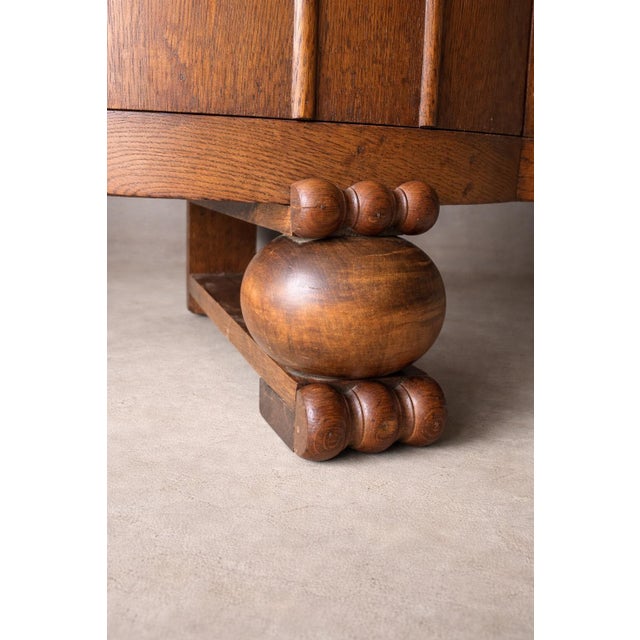 Antique Solid Oak Sideboard Cabinet With Carved Gallery Rail & Original Wood Pulls For Sale - Image 10 of 12