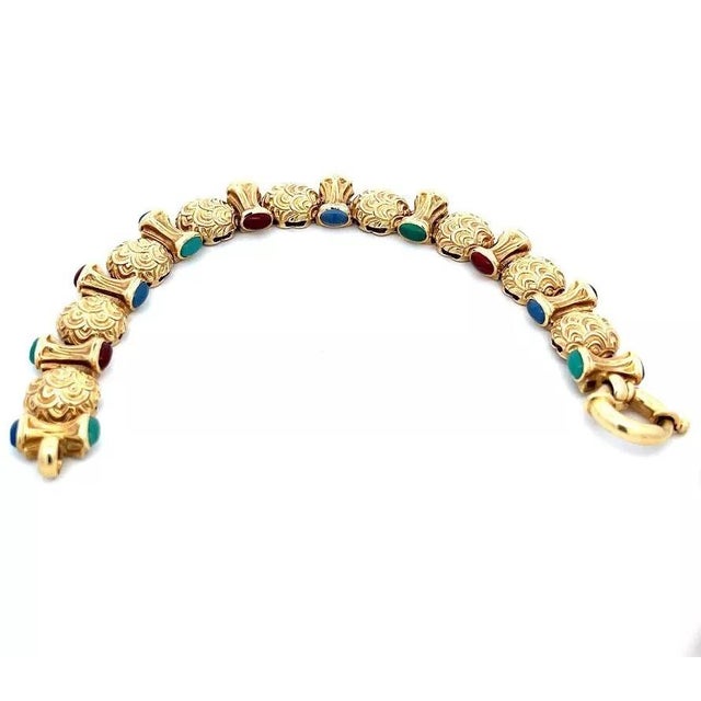 Contemporary 14k Multicolor Stones Bracelet Yellow Gold Wide Dome Button Link Engraved Design For Sale - Image 3 of 5