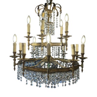 Empire Style 15-Arm Chandelier in Gilt Bronze and Crystal, 1970s For Sale