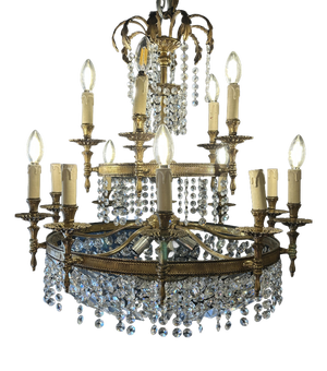 Empire Style 15-Arm Chandelier in Gilt Bronze and Crystal, 1970s