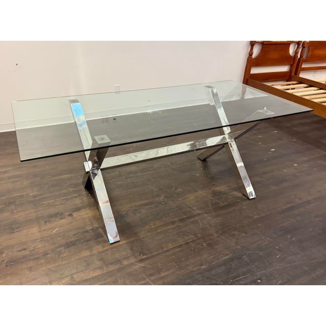 Early 21st Century Chrome X-Base Dining Table With Tempered Glass Top For Sale - Image 5 of 12