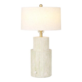 Coastal Fluted Column Table Lamp With Whitewashed Finish and 18” Linen Drum Shade, 27” H For Sale
