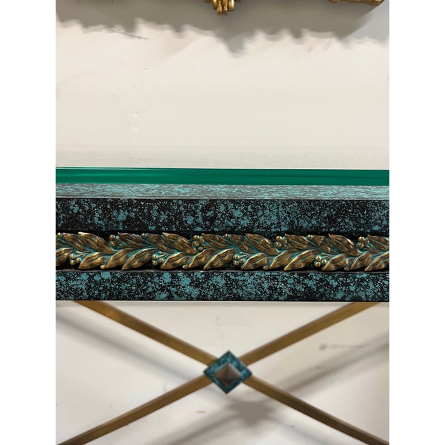 Verdigris Vintage Neoclassical Verdigris Wood, Brass and Glass Tiered Console Table For Sale - Image 8 of 11