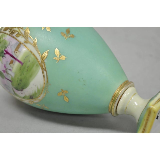 Antique Nippon Porcelain Hand Painted Windmill Scene Green Small Bolted Vase (B) For Sale - Image 12 of 15