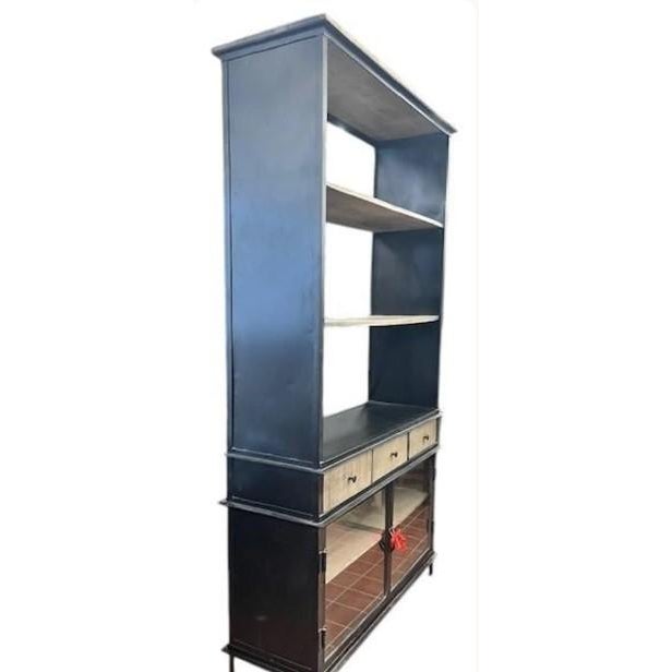 2020s Huge Industrial Open Shelf Iron & Teak Wood Glass Door Bookcase For Sale - Image 5 of 7