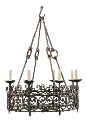 Mid-20th Century Eight-Light Scrolled Dark Iron Ring Chandelier