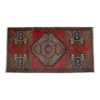 Distressed Low Pile Turkish Yastik Petite Rug Hand Knotted Faded Mat - 20'' X 39'' For Sale