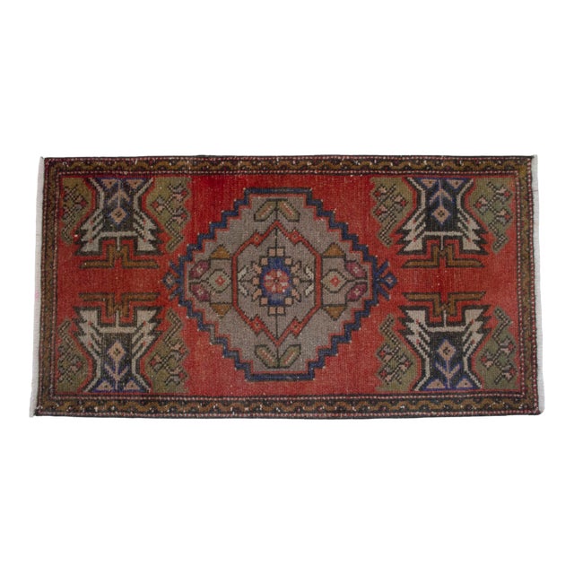 Distressed Low Pile Turkish Yastik Petite Rug Hand Knotted Faded Mat - 20'' X 39'' For Sale