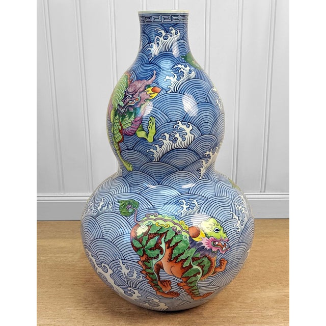 Chinese Vintage 29" Chinese Kangxi Qing Porcelain Dragon Double-Gourd Floor Vase For Sale - Image 3 of 11