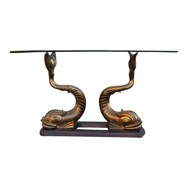 Mid 20th Century Sculptural Brass Bronze Koi Fish Console Hollywood Regency Table For Sale
