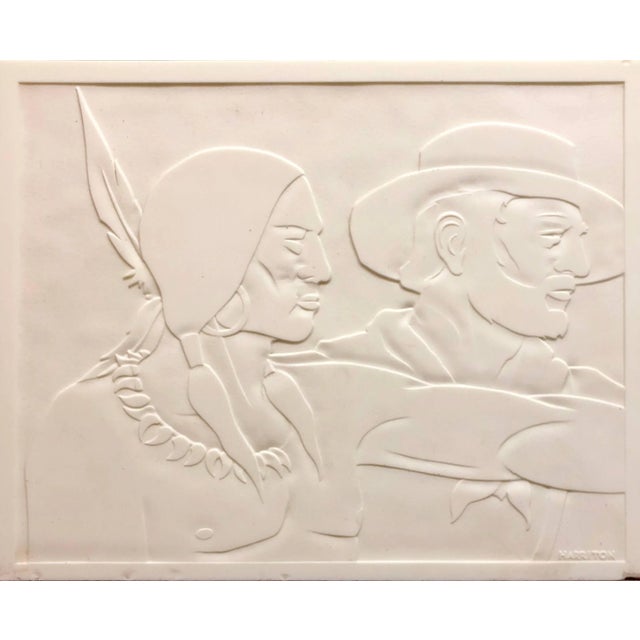 Glass Abraham Harriton Milk Glass Carved Sculpture Panel Cowboy Indian WPA Artist Americana, 1940s For Sale - Image 7 of 7