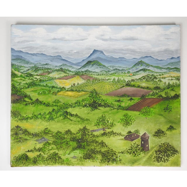 Late 20th Century Birdseye View Mountain Valley Landscape Painting For Sale - Image 9 of 9