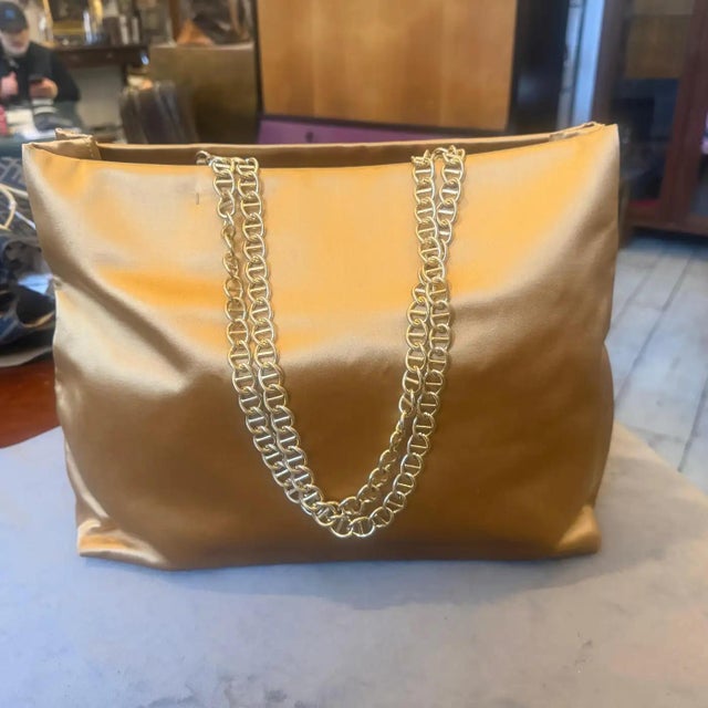 Contemporary 2000s Vintage Satin Yellow and Brass Chain Tote Bag by Prada For Sale - Image 3 of 16