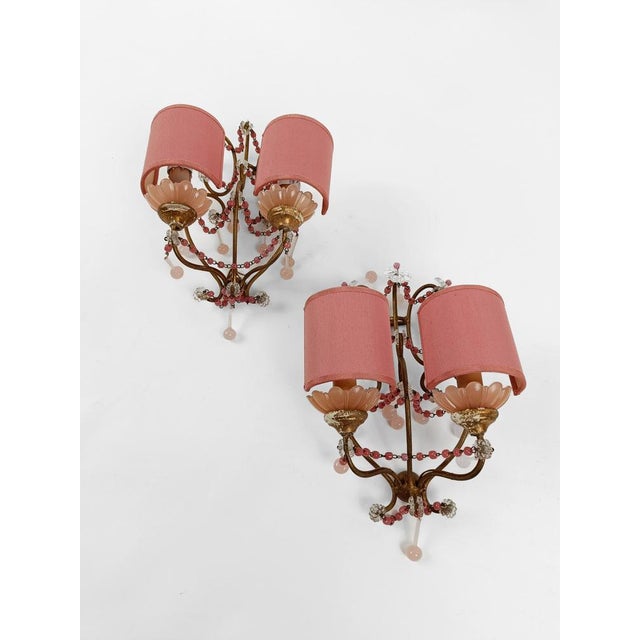 Gilded Sconces with Peachy Pink Opaline Cups, Crystal Beaded and Murano Drops, 1950s, Set of 2 For Sale - Image 16 of 18