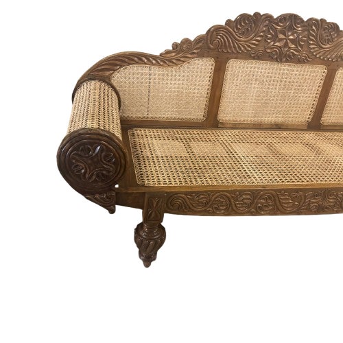Tan British Colonial Cane Settee With Hand-Carved Teak Wood Details For Sale - Image 8 of 13
