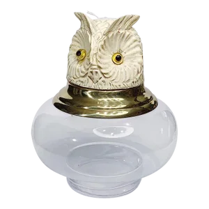 Antique Lidded Glass Bowl With Carved Resin Lid Depicting an Owl With Glass Eyes and Brass Lip