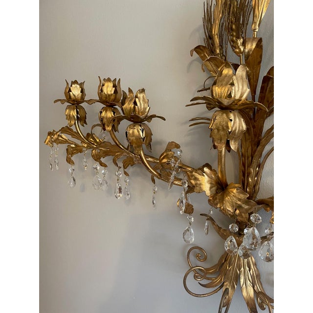Large Mid 20th Century Italian Gilt Tole Candelabra Style Sconce With Crystals For Sale - Image 16 of 17