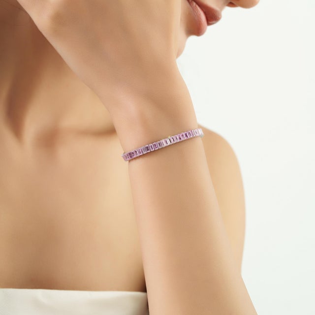 Baguette Cut 10.47 Ct Pink Sapphire Linear Tennis Bracelet for Valentine in Silver, 7 Inch For Sale - Image 9 of 14