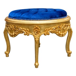1980s Italian Rococo Gold Beech Blue Velvet Bench - 1 Pc For Sale