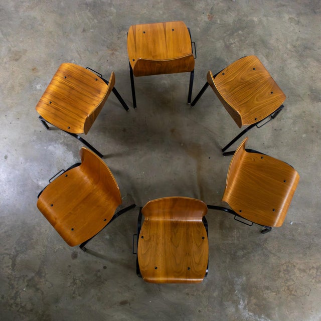 Late 20th to Early 21st Century Modern Walnut Molded Plywood Chairs Stackable Connectable Refinished Set of 6 For Sale - Image 10 of 18