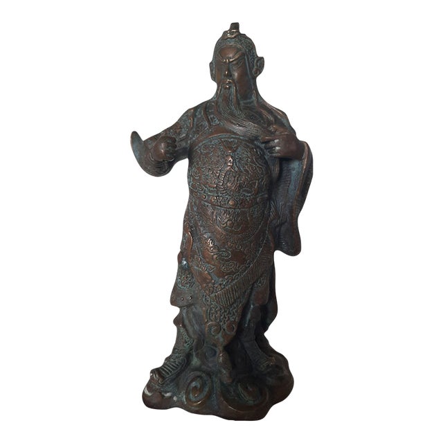 Vintage Cast Bronze Guan Yu Figurine With Qianlong-Style Mark For Sale