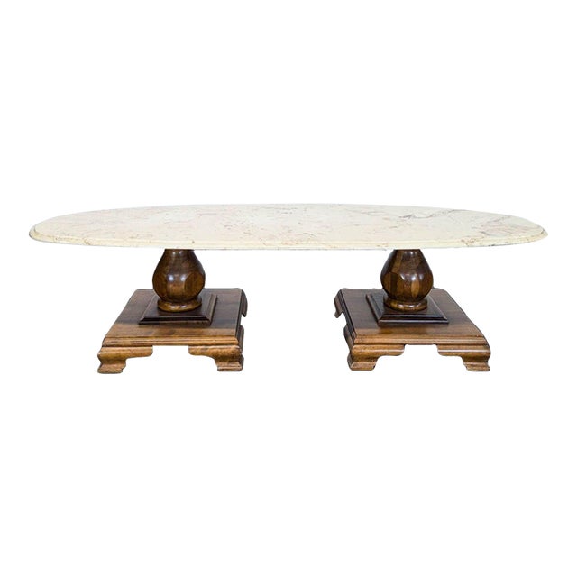 Vintage Oval Marble Top Coffee Table With Double Wood Pedestal Base For Sale