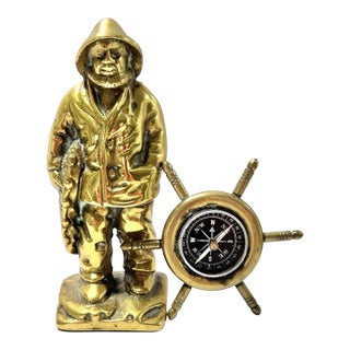 Vintage Brass Nautical Fisherman Figurine With Ship Wheel Compass – Maritime Decor Set For Sale
