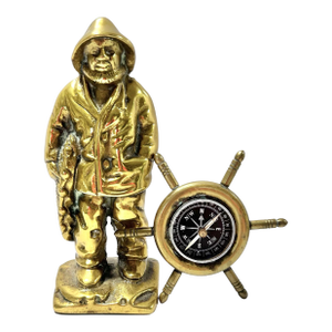 Vintage Brass Nautical Fisherman Figurine With Ship Wheel Compass – Maritime Decor Set