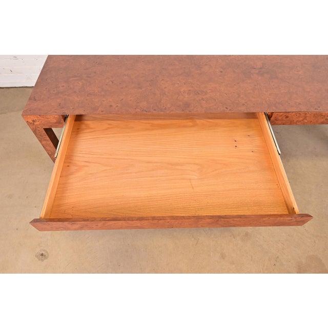Wood Milo Baughman Style Mid-Century Modern Burl Wood Parsons Dining Table or Executive Desk, Newly Refinished For Sale - Image 7 of 13